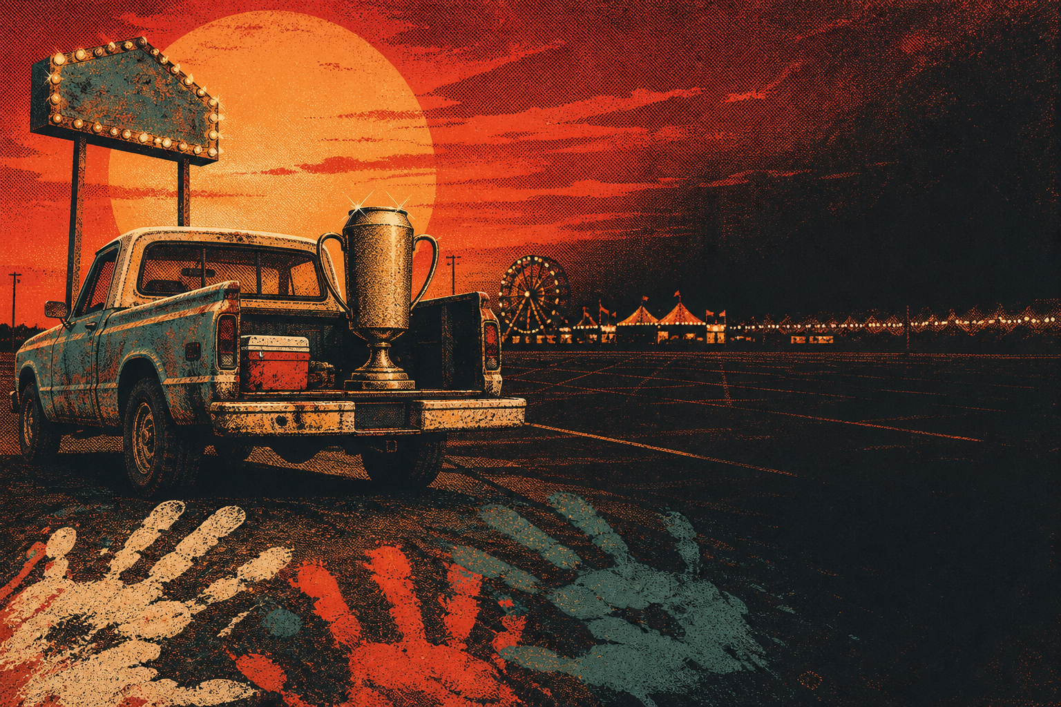 Screen-printed illustration of a pickup truck at a county fair at sunset